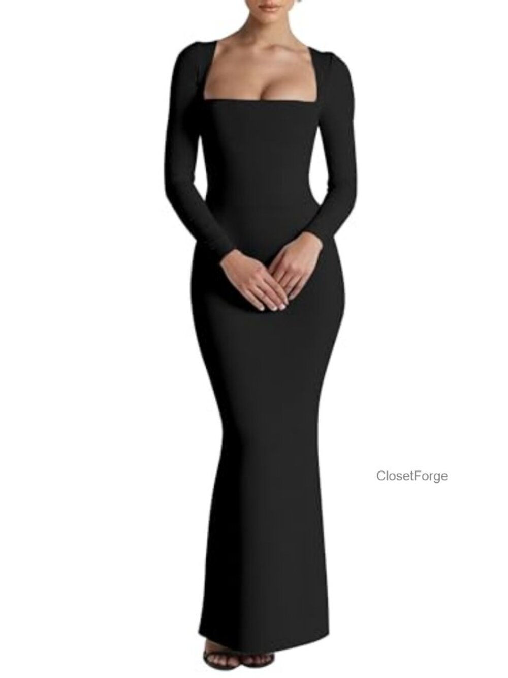 HOCILLE Women's Long Sleeve Square Neck Mesh Bodycon Maxi Dress Slit Cocktail